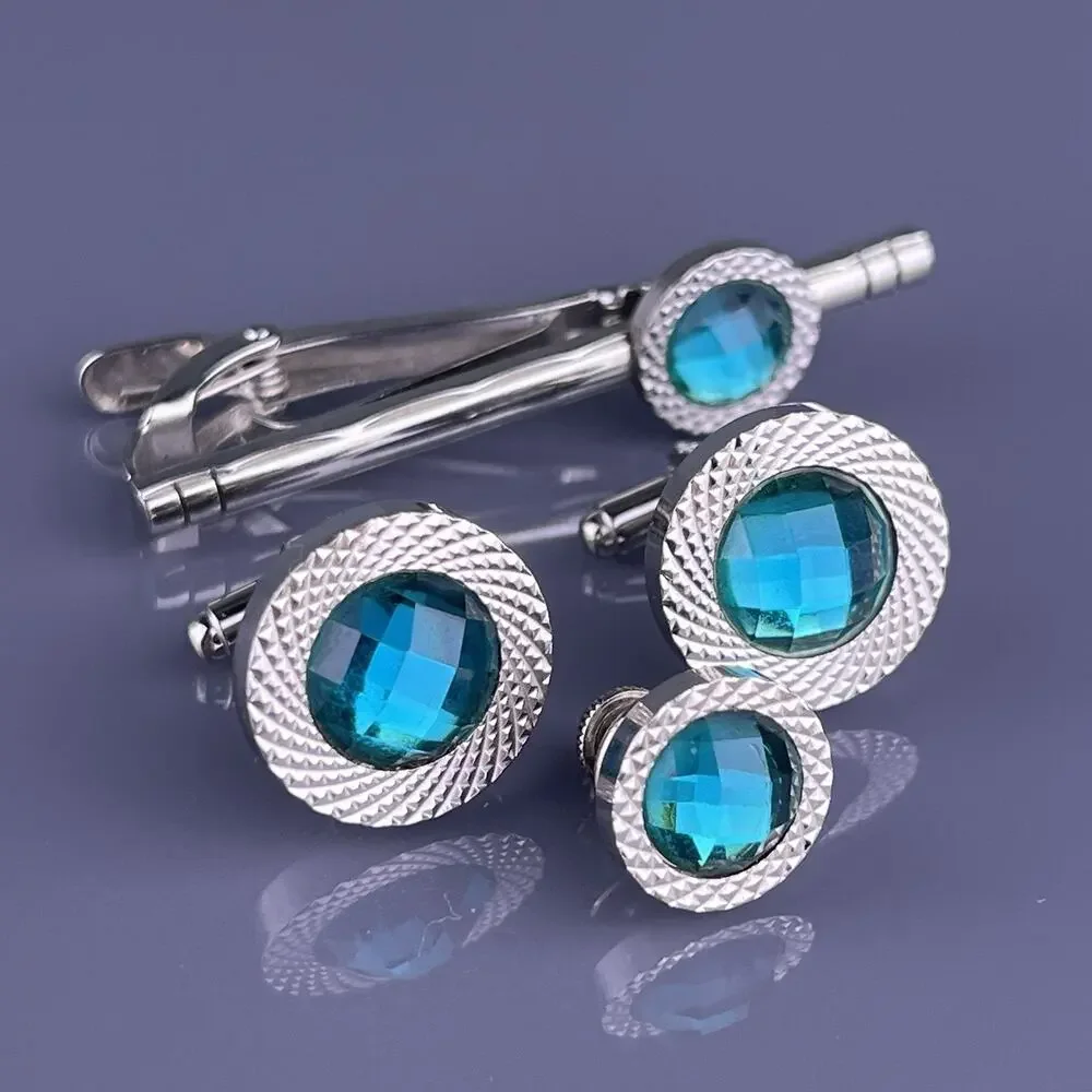 Round Blue Cut Rhinestone Cufflinks Tie Clip Pin Silver Tone Laser Cut Point VTG